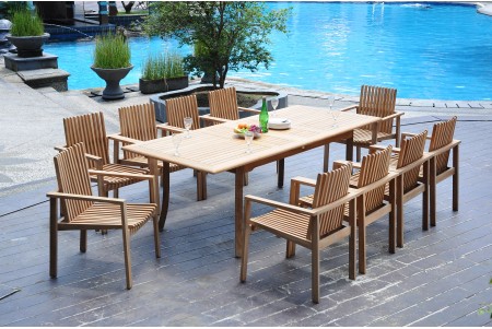 11 PC Dining Set - 94" Double Extension Rectangle Table & 10 Clipper Stacking Arm Chairs