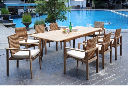 9 PC Dining Set - 94" Double Extension Rectangle Table & 8 Clipper Stacking Arm Chairs