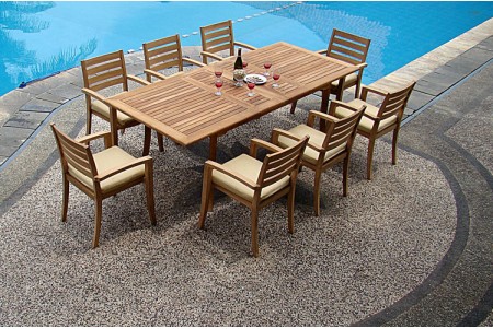 9 PC Dining Set - 94" Double Extension Rectangle Table & 8 Travota Stacking Arm Chairs
