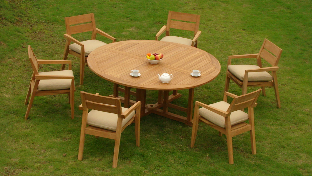 7 Pc Outdoor Dining Teak Garden Set 72 Round Table 6 Stacking Pictures