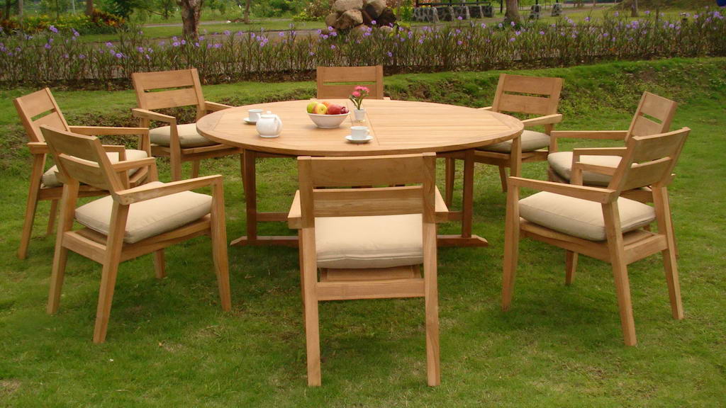 9 Pc Outdoor Dining Teak Patio Set 72 Round Table 8 Stacking Pictures