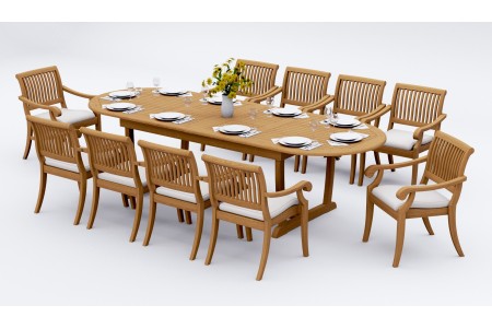 11 PC Dining Set - 117" Double Extension Masc Oval Table & 10 Arbor Stacking Arm Chairs