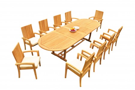 11 PC Dining Set - 117" Double Extension Masc Oval Table & 10 Goa Stacking Arm Chairs