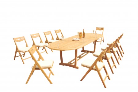 11 PC Dining Set - 117" Double Extension Masc Oval Table & 10 Surf Folding Arm Chairs