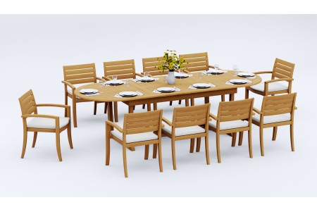 11 PC Dining Set - 117" Double Extension Masc Oval Table & 10 Travota Stacking Arm Chairs
