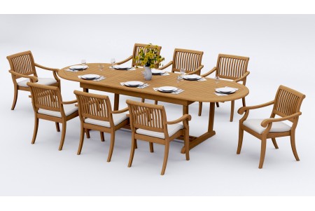 9 PC Dining Set - 117" Double Extension Masc Oval Table & 8 Arbor Stacking Arm Chairs