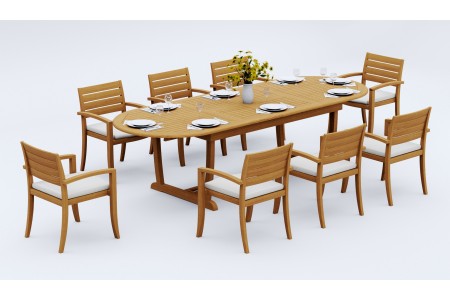 9 PC Dining Set - 117" Double Extension Masc Oval Table & 8 Travota Stacking Arm Chairs