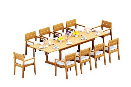 11 PC Dining Set - 117" Double Extension Masc Rectangle Table & 10 Cellore Stacking Arm Chairs
