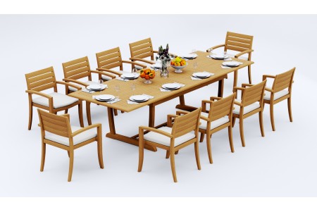 11 PC Dining Set - 117" Double Extension Masc Rectangle Table & 10 Travota Stacking Arm Chairs