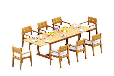 9 PC Dining Set - 117" Double Extension Masc Rectangle Table & 8 Cellore Stacking Arm Chairs
