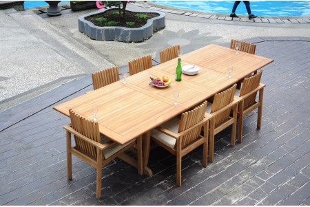 9 PC Dining Set - 117" Double Extension Masc Rectangle Table & 8 Clipper Stacking Arm Chairs