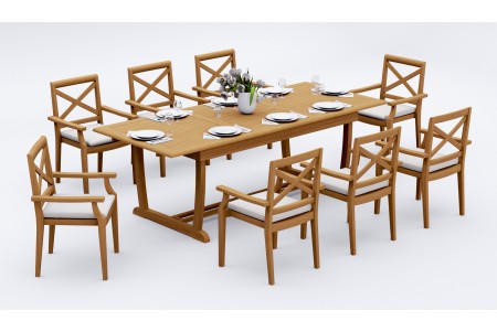 9 PC Dining Set - 117" Double Extension Masc Rectangle Table & 8 Granada Stacking Arm Chairs