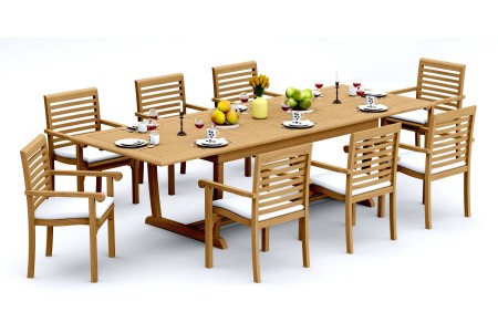 9 PC Dining Set - 117" Double Extension Masc Rectangle Table & 8 Hari Stacking Arm Chairs