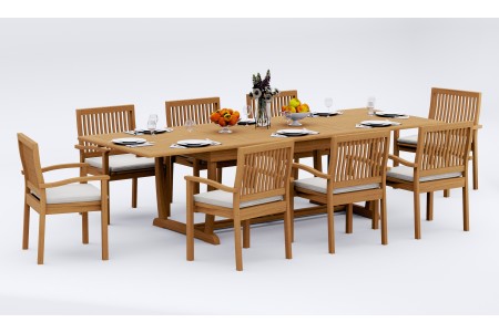 9 PC Dining Set - 117" Double Extension Masc Rectangle Table & 8 Leveb Stacking Arm Chairs