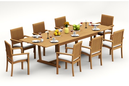 9 PC Dining Set - 117" Double Extension Masc Rectangle Table & 8 Lua Stacking Arm Chairs