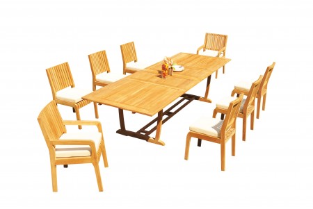 9 PC Dining Set - 117" Double Extension Masc Rectangle Table & 8 Maldives Chairs (2 Arms + 6 Armless)