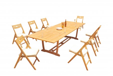 9 PC Dining Set - 117" Double Extension Masc Rectangle Table & 8 Surf Folding Arm Chairs