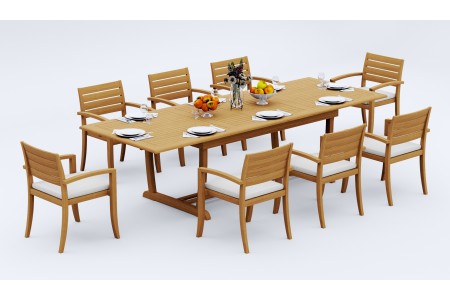 9 PC Dining Set - 117" Double Extension Masc Rectangle Table & 8 Travota Stacking Arm Chairs