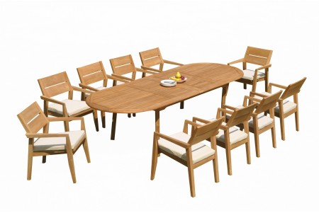 11 PC Dining Set - 117" Double Extension Oval Table & 10 Cellore Stacking Arm Chairs