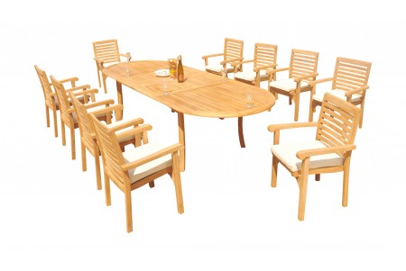 11 PC Dining Set - 117" Double Extension Oval Table & 10 Hari Stacking Arm Chairs