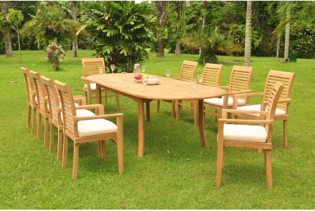 11 PC Dining Set - 117" Double Extension Oval Table & 10 Mas Stacking Arm Chairs