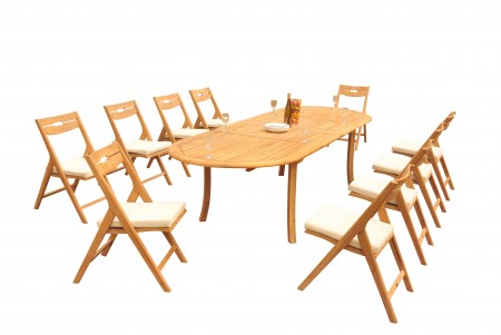 11 PC Dining Set - 117" Double Extension Oval Table & 10 Surf Folding Arm Chairs