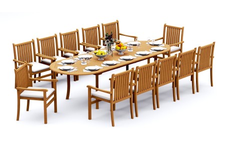 13 PC Dining Set - 117" Double Extension Oval Table & 12 Cahyo Stacking Arm Chairs