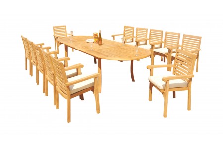 13 PC Dining Set - 117" Double Extension Oval Table & 12 Hari Stacking Arm Chairs