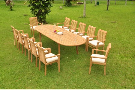 13 PC Dining Set - 117" Double Extension Oval Table & 12 Mas Stacking Arm Chairs