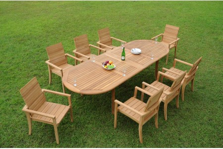 9 PC Dining Set - 117" Double Extension Oval Table & 8 Algrave Stacking Arm Chairs