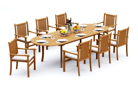 9 PC Dining Set - 117" Double Extension Oval Table & 8 Cahyo Stacking Arm Chairs