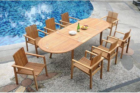 9 PC Dining Set - 117" Double Extension Oval Table & 8 Clipper Stacking Arm Chairs