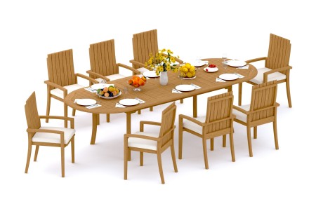 9 PC Dining Set - 117" Double Extension Oval Table & 8 Goa Stacking Arm Chairs