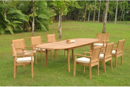 9 PC Dining Set - 117" Double Extension Oval Table & 8 Leveb Stacking Arm Chairs