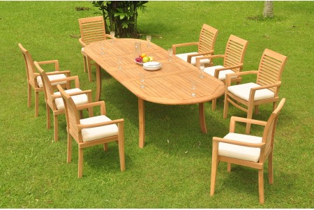 9 PC Dining Set - 117" Double Extension Oval Table & 8 Mas Stacking Arm Chairs