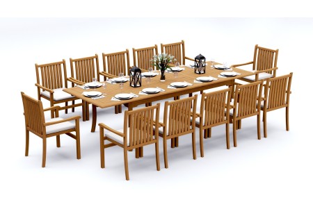 13 PC Dining Set - 117" Double Extension Rectangle Table & 12 Cahyo Stacking Arm Chairs