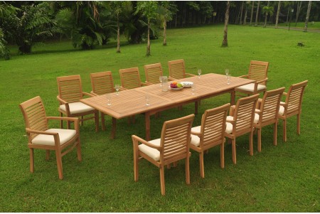 13 PC Dining Set - 117" Double Extension Rectangle Table & 12 Mas Stacking Arm Chairs