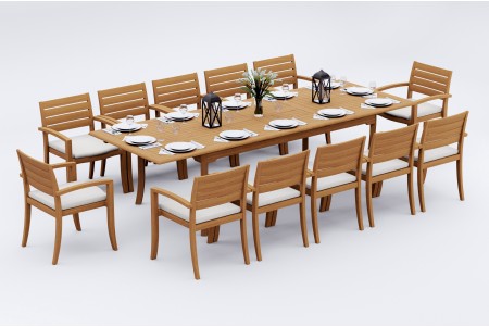 13 PC Dining Set - 117" Double Extension Rectangle Table & 12 Travota Stacking Arm Chairs