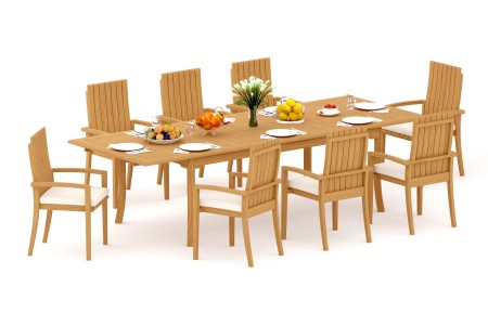 9 PC Dining Set - 117" Double Extension Rectangle Table & 8 Goa Stacking Arm Chairs