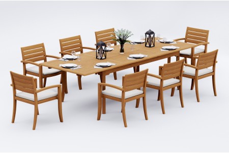 9 PC Dining Set - 117" Double Extension Rectangle Table & 8 Travota Stacking Arm Chairs