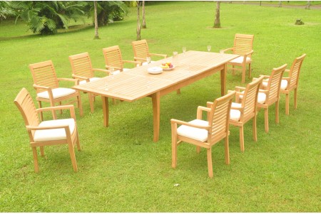 11 PC Dining Set - 122" Atnas Rectangle Table & 10 Mas Stacking Arm Chairs