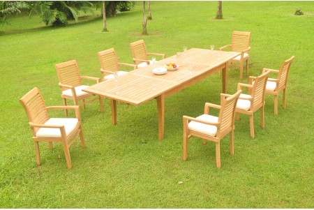 9 PC Dining Set - 122" Atnas Rectangle Table & 8 Mas Stacking Arm Chairs
