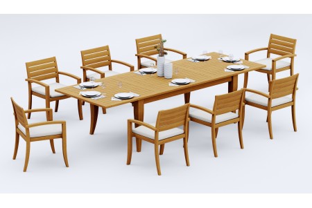9 PC Dining Set - 122" Atnas Rectangle Table & 8 Travota Stacking Arm Chairs