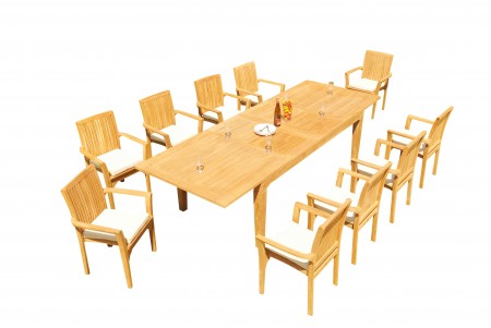 11 PC Dining Set - 122" Caranas Rectangle Table & 10 Lua Stacking Arm Chairs