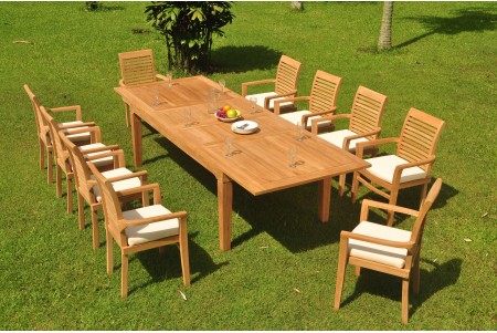11 PC Dining Set - 122" Caranas Rectangle Table & 10 Mas Stacking Arm Chairs