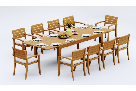 11 PC Dining Set - 122" Caranas Rectangle Table & 10 Travota Stacking Arm Chairs