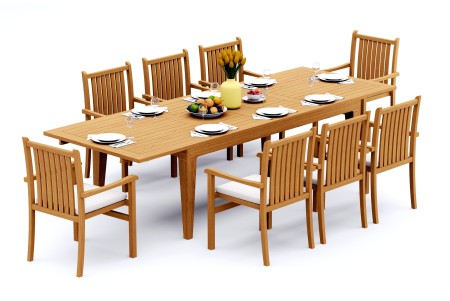 9 PC Dining Set - 122" Caranas Rectangle Table & 8 Cahyo Stacking Arm Chairs
