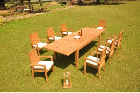 9 PC Dining Set - 122" Caranas Rectangle Table & 8 Goa Stacking Arm Chairs