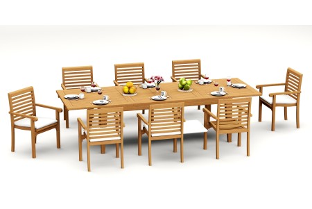 9 PC Dining Set - 122" Caranas Rectangle Table & 8 Hari Stacking Arm Chairs