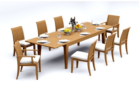 9 PC Dining Set - 122" Caranas Rectangle Table & 8 Lagos Chairs (2 Arms + 6 Armless)